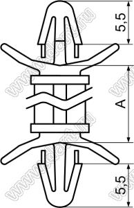 LCEO-5 фиксатор платы с двумя защелками; A=4,8мм; E=0,8...2,0мм; F=0,8...2,0мм; dп=4,0мм; s=Eмм; d отв.=4,0мм; t=Fмм; нейлон-66 (UL); натуральный