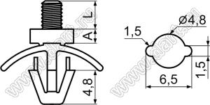 LCDS4-4 фиксатор платы под фигурное отверстие в шасси; A=4,0мм; L=4,0мм; dп=4,2мм; d отв.=4,8мм; t=0,8...2,5мм; нейлон-66 (UL); натуральный