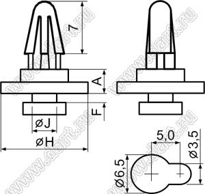 ACB-3 фиксатор платы с защелкой под фигурное отверстие в шасси; A=3,2мм; F=1,2мм; ØH=11,6мм; ØJ=3,2мм; dп=4,0мм; s=1,6...2,0мм; нейлон-66 (UL); натуральный
