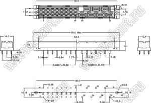 9001-6631311С00L1A (DIN 41612-24-FS) розетка прямая с 24 конт. на 5,6А и 7 конт. на 15А и с замком в плату толщиной 1,6…2,0 мм 2-х/3-х рядная; 24-конт.; 7-конт.; P=5,08мм