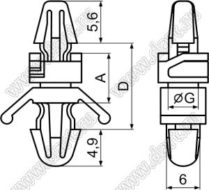 VCBSL-11 фиксатор платы с двумя защелками; A=6,6мм; D=11,4мм; G=4,0мм; dп=4,0мм; s=1,2...2,0мм; d отв.=4,8мм; t=0,8...3,0мм; нейлон-66 (UL); натуральный