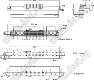 9001-946004С00DA (DIN 41612-60ABC-FR) розетка угловая с 60 конт. на 2А и 4 коакс. или силовыми конт. 1+3-х рядная; 60-конт.; 4-конт.; P=2,54мм