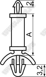 LCMD-17 фиксатор платы с двумя защелками; A=17,0мм; dп=2,5мм; s=1,6мм; d отв.=3,0...3,2мм; t=0,8...2,0мм; нейлон-66 (UL); натуральный