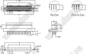 9001-16161C00L2A (DIN 41612-16ABC-FS) розетка прямая с замком в плату толщиной 2,8…3,2 мм 3-х рядная; 16-конт.; P=2,54мм