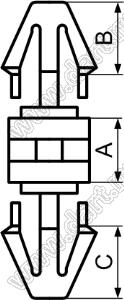 LCV-3 фиксатор платы с двумя защелками; A=3,0мм; B=3,55мм; C=3,55мм; E=1,6мм; F=1,6мм; dп=3,0мм; d отв.=3,0мм; нейлон-66 (UL); натуральный