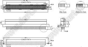 9001-1232W2C00PL1A (DIN 41612-32A-FS) розетка прямая с замком в плату толщиной 1,6…2,0 мм 3-х рядная; 32-конт.; P=2,54мм