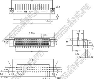 9001-18321C00A (DIN 41612-32AC-FR) розетка угловая 3-х рядная; 32-конт.; P=2,54мм