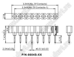 DS1002-01-1x09V13 (SCSL-09, PBSM-09, 6604S-09G-30) гнездо цанговое прямое однорядное для выводного монтажа; P=2,54мм; 9-конт.