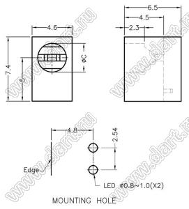LED-301(B) держатель 3мм светодиода на плату угловой; C=3,3мм; нейлон-66 (UL); черный