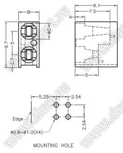 LED-306 держатель двух 3мм светодиодов на плату угловой; нейлон-66 (UL); черный; A=2,1мм; B=4,4мм; C=3,4мм