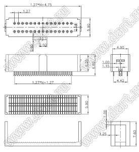 DS1016-01-034 (IDC1,27x2.54-34F, 4501-034SR, 5343-1-034-SPW) розетка IDC, шаг 1,27x2,54мм на плоский кабель (шлейф) с шагом 0,635 мм; 2x17-конт.