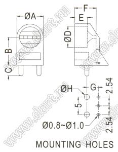 LED5L-5 держатель трехвыводного 5мм светодиода на плату угловой; B=5,0мм; D=6,1мм; нейлон-66 (UL); натуральный