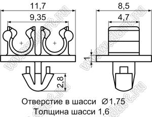 MUT-2 разделитель проводов с защелкой в панель; 11,7x8,5мм; нейлон-66 (UL); натуральный