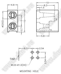 LED-308 держатель двух 3мм светодиодов на плату угловой; нейлон-66 (UL); черный; C=3,4мм