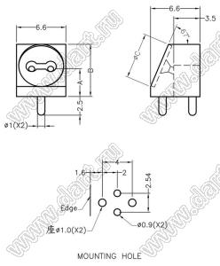 LEK-509 держатель 5мм светодиода на плату наклонный; A=3,0мм; B=7,0мм; C=6,0мм; нейлон-66 (UL); натуральный