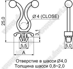 THC-5 фиксатор жгута проводов с защелкой в панель; K=4,0мм; L=25,0мм; нейлон-66 (UL); натуральный