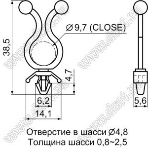 THC-6 фиксатор жгута проводов с защелкой в панель; K=9,7мм; L=38,5мм; нейлон-66 (UL); натуральный