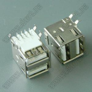 US01-225ST (5075AR-08B-WH) сдвоенные розетки USB2.0 на плату для выводного монтажа угловые горизонтальная тип A