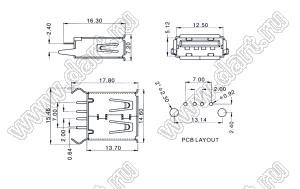 US01-195BR розетка USB2.0 на плату для выводного монтажа прямая вертикальные тип A