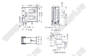 US01-170BR розетка USB2.0 на плату для выводного монтажа угловая вертикальные тип A