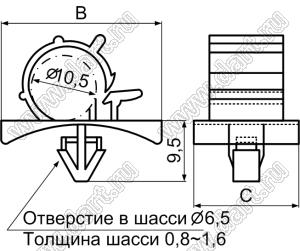 WL-1 зажим  проводов с защелкой в панель; K=10,5мм; нейлон-66 (UL); натуральный