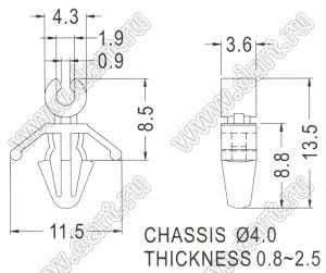 THV-11 фиксатор провода с защелкой в панель; нейлон-66 (UL); натуральный