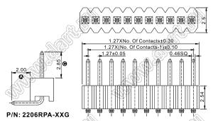 2206RPA-50G-200028 вилка открытая угловая однорядная на плату для монтажа в отверстия; P=1,27мм; 50-конт.