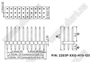 2203P-024G-H15-125 вилка открытая прямая трехрядная на плату для монтажа в отверстия; шаг 2,00 x 2,00 мм; (3x8) конт.