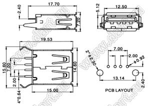 US01-197BR розетка USB2.0 на плату для выводного монтажа прямая вертикальные тип A