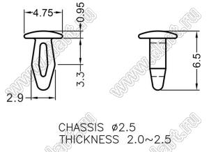 MB-21 пистон монтажный; L=5,55мм; d отв.=2,5мм; нейлон-66 (UL); натуральный