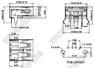 US01-127 розетка USB2.0 на плату для выводного монтажа угловая горизонтальная тип A