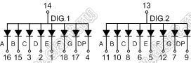 BJ5202BE индикатор светодиодный; 0.5"; 2-разр.; 7-сегм.; оранжевый; общий анод