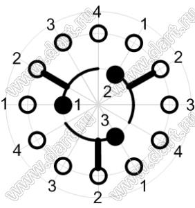 SR25P-1-3-4-15KQ переключатель галетный 4П3Н в плату, вал 18 зубцов, длина 15мм