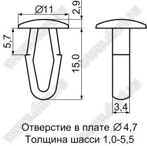 MB-48 пистон монтажный; L=15,0мм; d отв.=4,7мм; полиоксиметилен POM (UL); натуральный