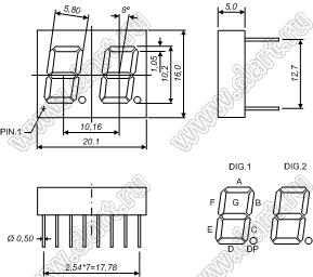BJ4202APG индикатор светодиодный; 0.4"; 2-разр.; 7-сегм.; зеленый; общий катод