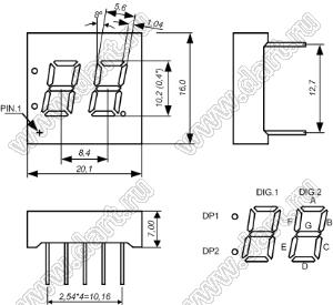 BJ4202DY индикатор светодиодный; 0.4"; 2-разр.; 7-сегм.; желтый; общий анод