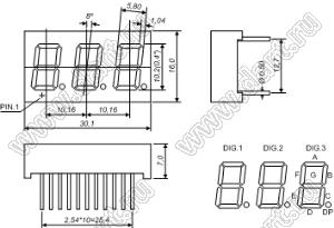 BJ4301AG индикатор светодиодный; 0.4"; 3-разр.; 7-сегм.; желто-зеленый; общий катод