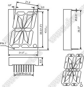 BJ15103AY индикатор светодиодный; 1.5"; 1-разр.; 16-сегм.; желтый; общий катод