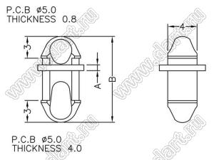 MAFB5-0.8 фиксатор платы с двумя защелками; A=0,8мм; B=11,8мм; dп=5,0мм; s=0,8мм; d отв.=5,0мм; t=4,0мм; нейлон-66 (UL); натуральный