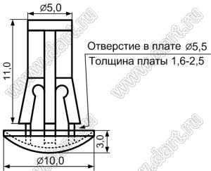 RAML-11 фиксатор платы с защелкой в шасси; A=11,0мм; d отв.=5,5мм; t=1,6...2,5мм; нейлон-66; натуральный