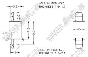 MSPH-7.5 фиксатор платы с двумя защелками; dп=3,3мм; s=1,6...1,7мм; d отв.=3,2мм; t=1,7...2,1мм; нейлон-66 (UL); натуральный