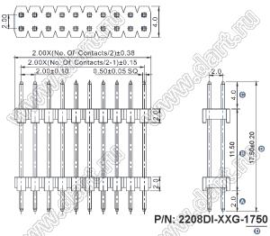 2208DI-08G-1750 (2x4) вилка открытая прямая двухрядная с двойным изолятором на плату для монтажа в отверстия; шаг 2.00x2.00мм; A=2,8мм; B=10,7мм; C=4.0мм; D=17.5мм; 2x4-конт.