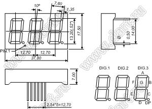 BJ5321AH индикатор светодиодный; 0.52"; 3-разр.; 7-сегм.; красный; общий катод