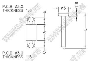 MSPF3-8 фиксатор платы с двумя защелками; A=7,9мм; B=3,6мм; C=3,6мм; L=17,3мм; dп=3,0мм; s=1,6мм; d отв.=3,0мм; t=1,6мм; нейлон-66 (UL); натуральный