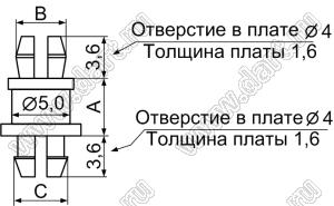 DMSPS-7.9 фиксатор платы с двумя защелками; A=7,9мм; B=4.3мм; C=4.6мм; dп=4,0мм; s=1,6мм; d отв.=4,0мм; t=1,6мм; нейлон-66 (UL); натуральный