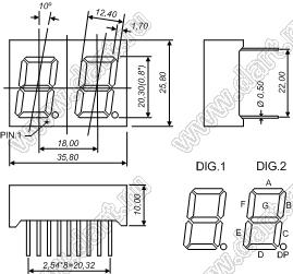 BJ8201AB индикатор светодиодный; 0.8"; 2-разр.; 7-сегм.; синий; общий катод