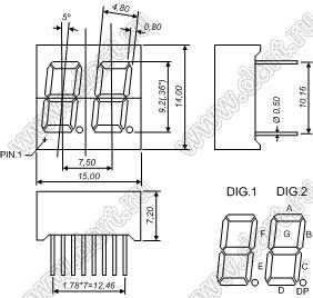 BJ3261EY индикатор светодиодный; 0.36"; 2-разр.; 7-сегм.; желтый; общий катод