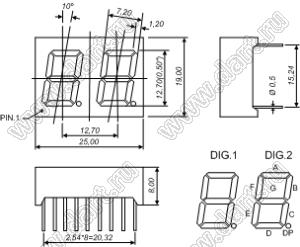 BJ5202AY индикатор светодиодный; 0.5"; 2-разр.; 7-сегм.; желтый; общий катод