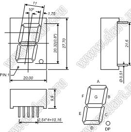 BJ8106BPG индикатор светодиодный; 0.8"; 1-разр.; 7-сегм.; зеленый; общий анод