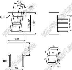 BJ3191BB индикатор светодиодный; 0.39"; 1-разр.; 7-сегм.; синий; общий анод